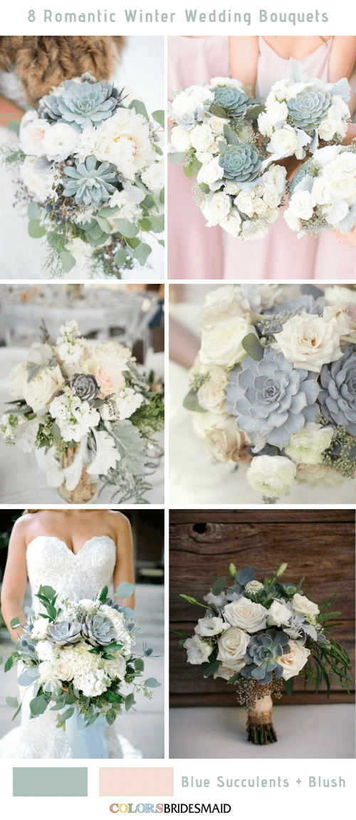 8 Romantic and Gorgeous Winter Wedding Bouquets - Blue Succulents and Blush